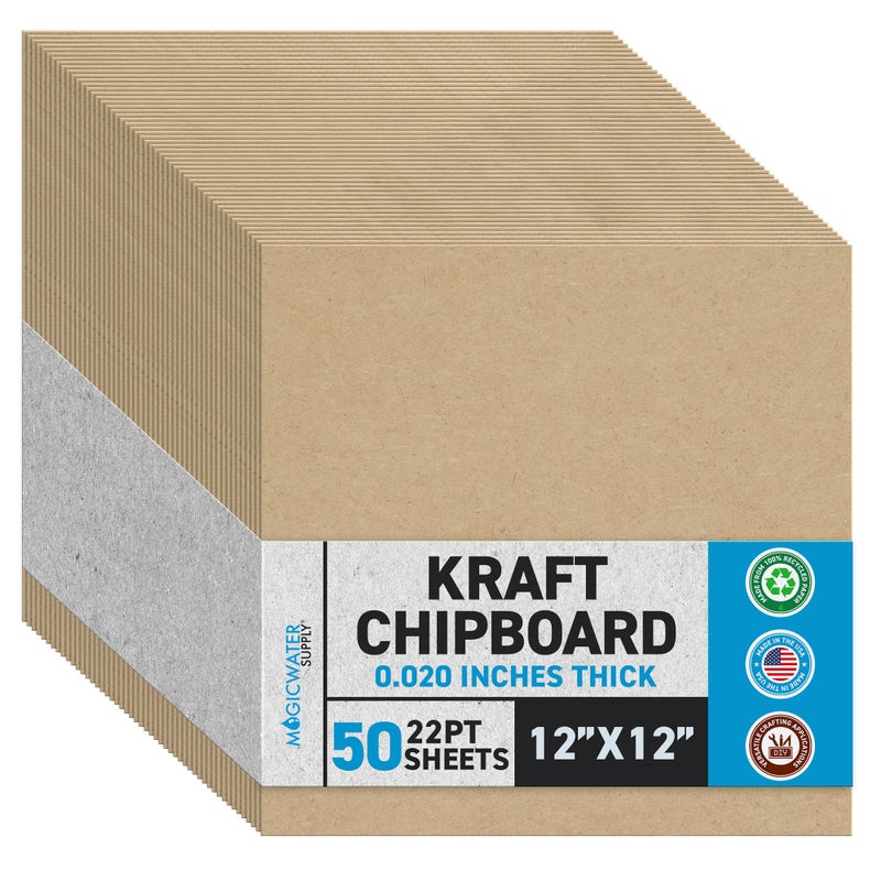 MagicWater Supply MagicWater Chipboard Sheet for DIY Projects - 12x12 Inch - 50 Pack - 22 pt - Heavy Duty Kraft (0.020 Inch Thick) Paperboard, For Scrapbooking, Books, Picture Frame Backing, Arts Project & Crafts - Image 1